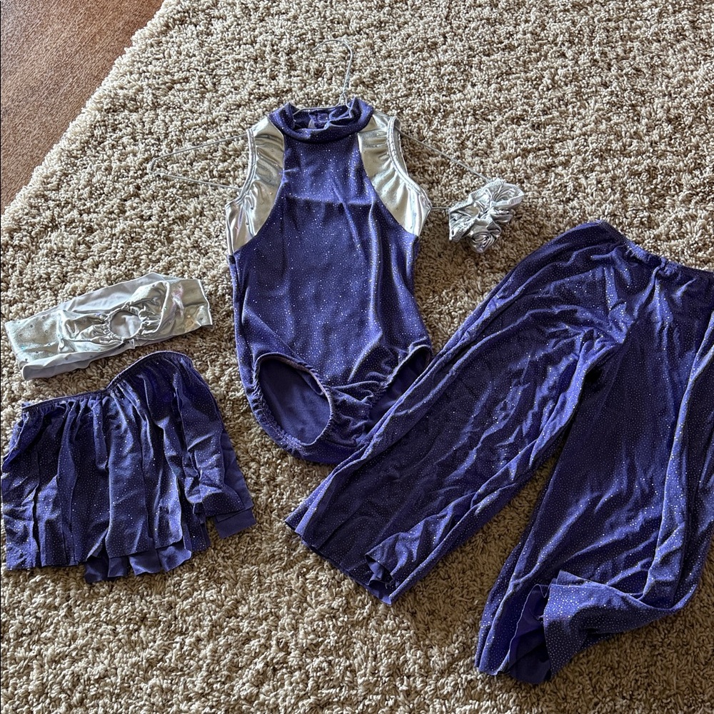 Dansco dance costume purple silver sparkles leotard skirt pants belt Small Child